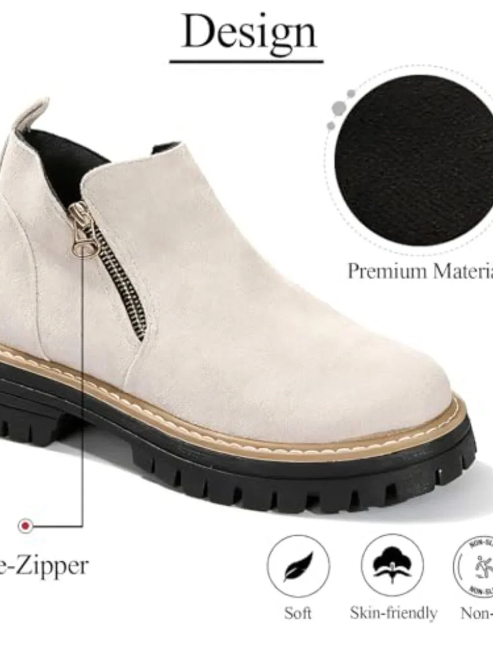 Suede Chunky Heel Ankle Booties with Side Zipper Lug Sole Round Toe